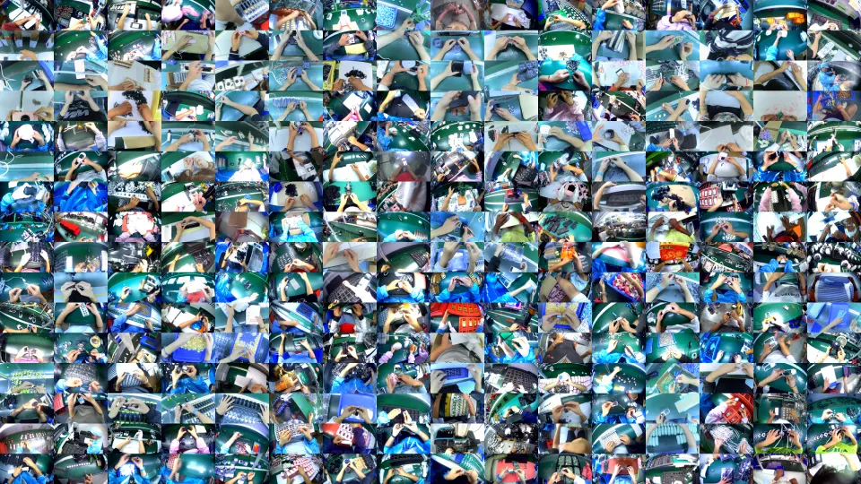 Contact sheet of first-person industrial assembly and hand-manipulation frames from Egocentric-10K.