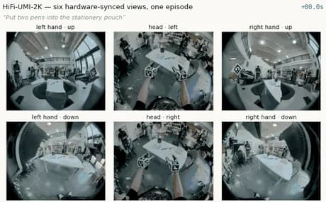 HiFi-UMI-2K All six hardware-synchronised views — head stereo pair plus two fisheyes per hand — from chunk-0000 episode 13, "Put two pens into the stationery pouch".