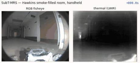 SubT-MRS RGB fisheye beside LWIR thermal — Hawkins smoke-filled room, handheld: 82 synchronised pairs over 73 s, as the smoke blinds the camera and the thermal keeps the room.