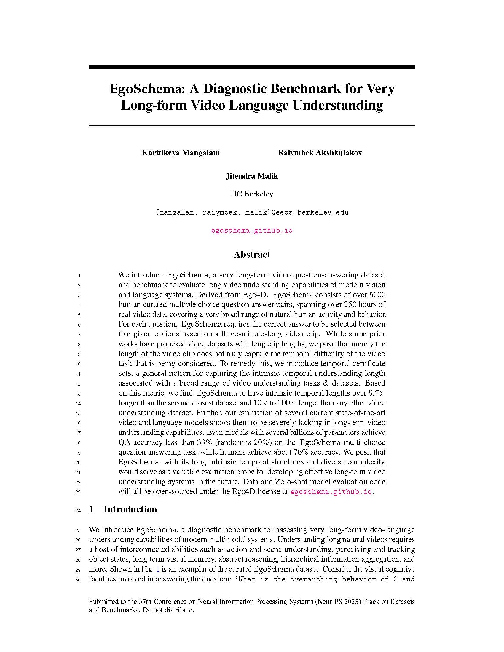EgoSchema official project page preview.